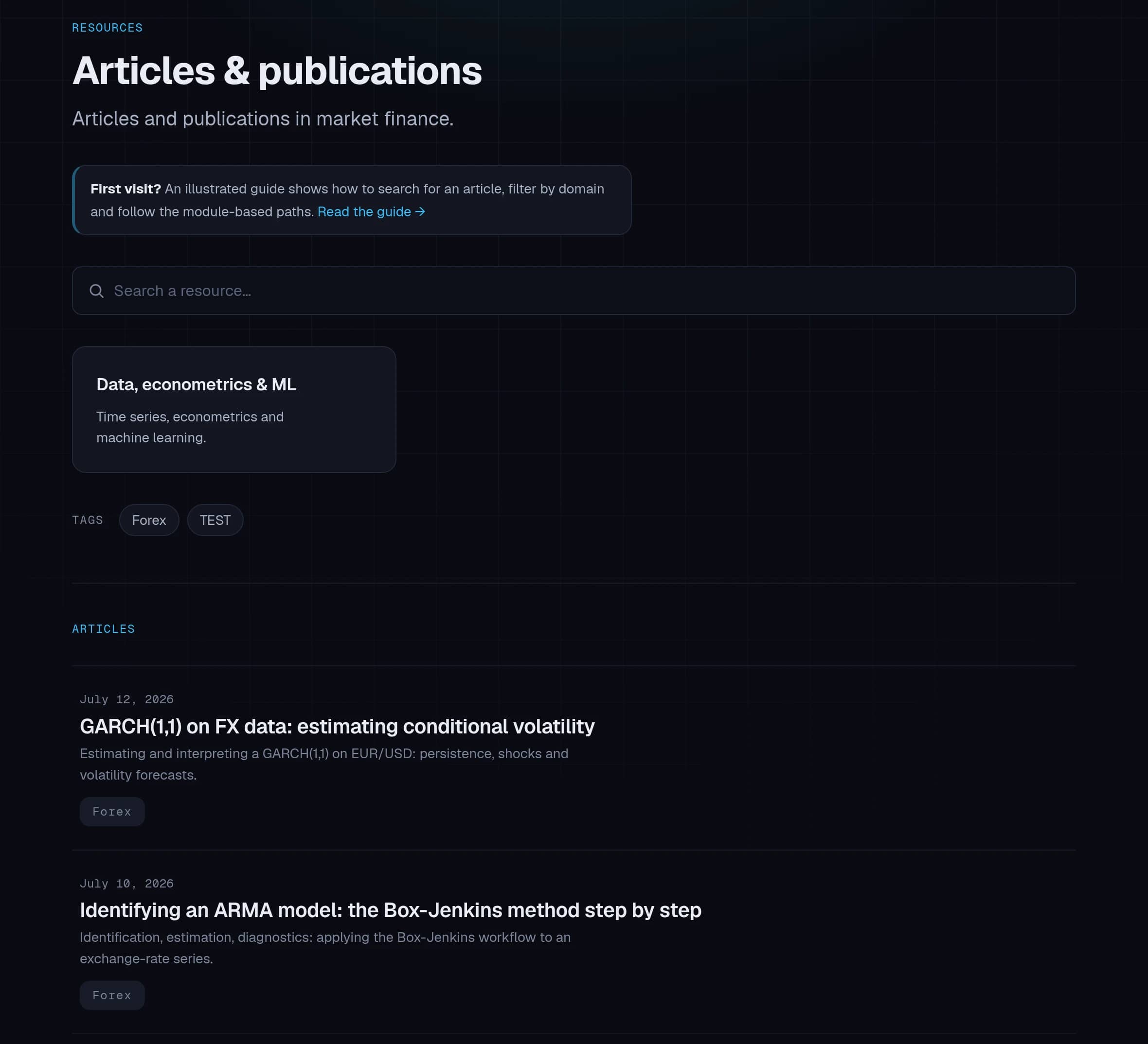 Screenshot of the Resources page: search field, domain cards and the latest articles list.