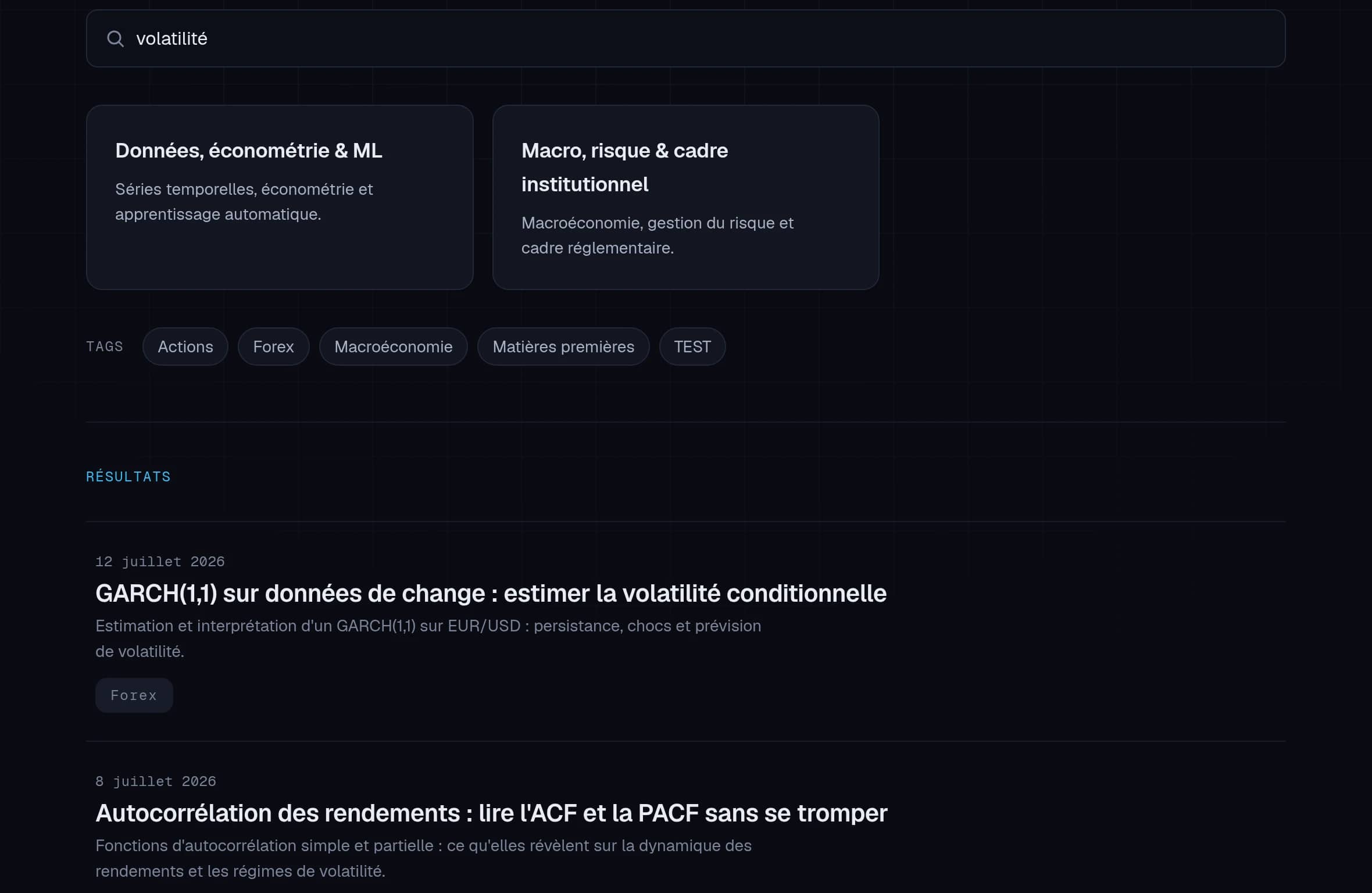Capture d’écran d’une recherche : le terme « volatilité » est saisi et la liste des résultats correspondants s’affiche.