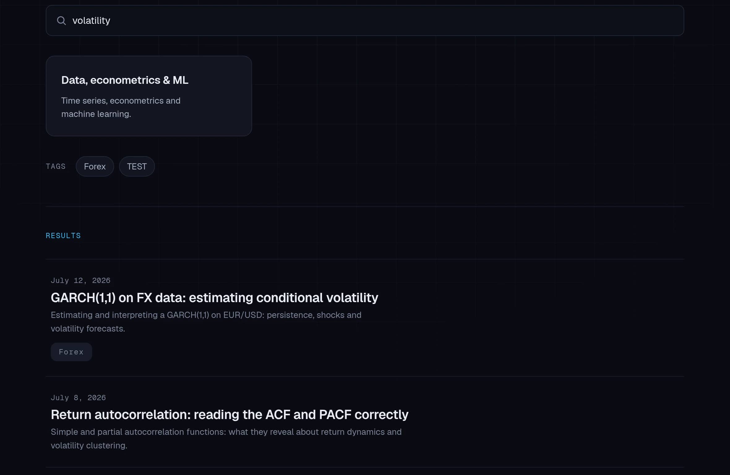 Screenshot of a search: the term “volatility” is typed and the matching results are listed.