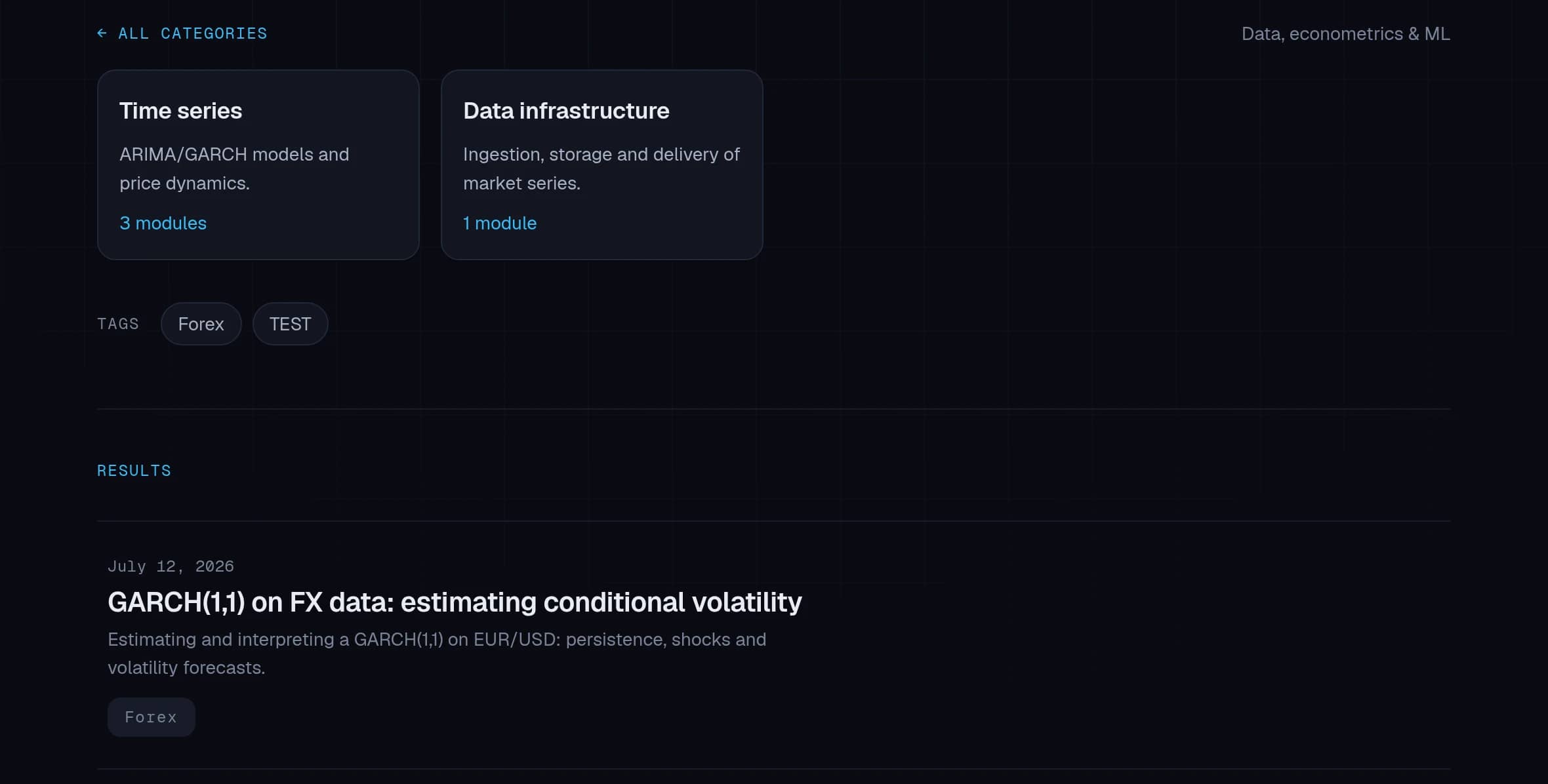 Screenshot of an open category: subcategory cards with their module counts, above the filtered results.