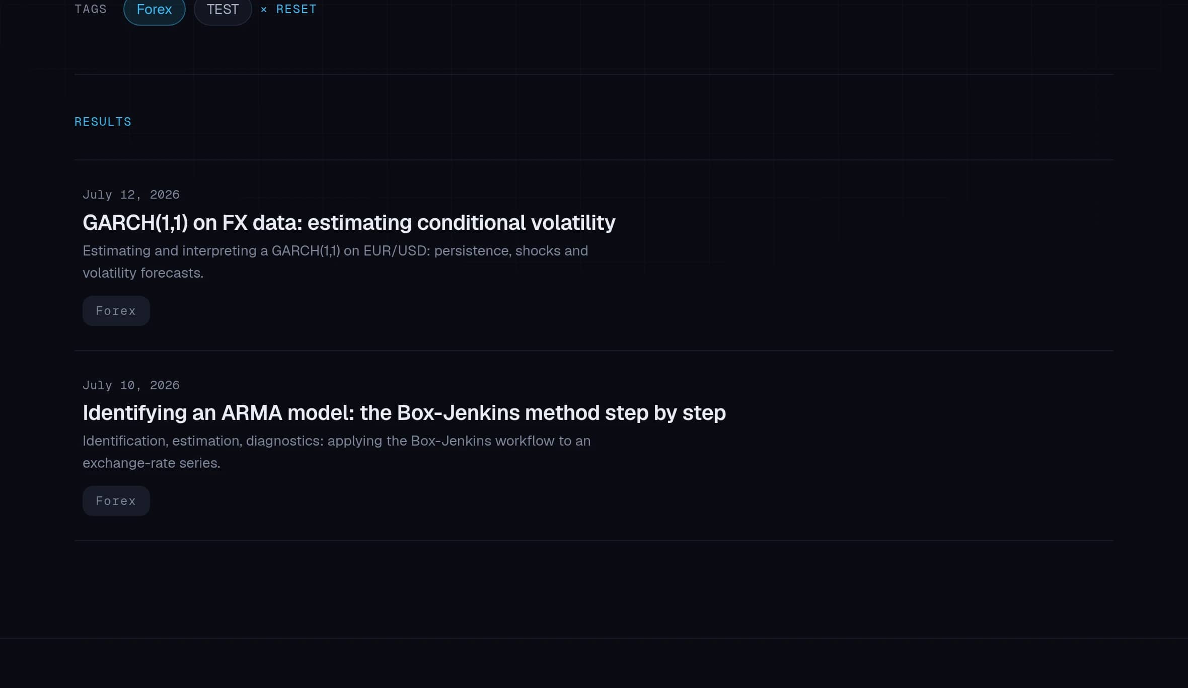 Screenshot of the tag facet: the Forex tag is active and filters the article list.