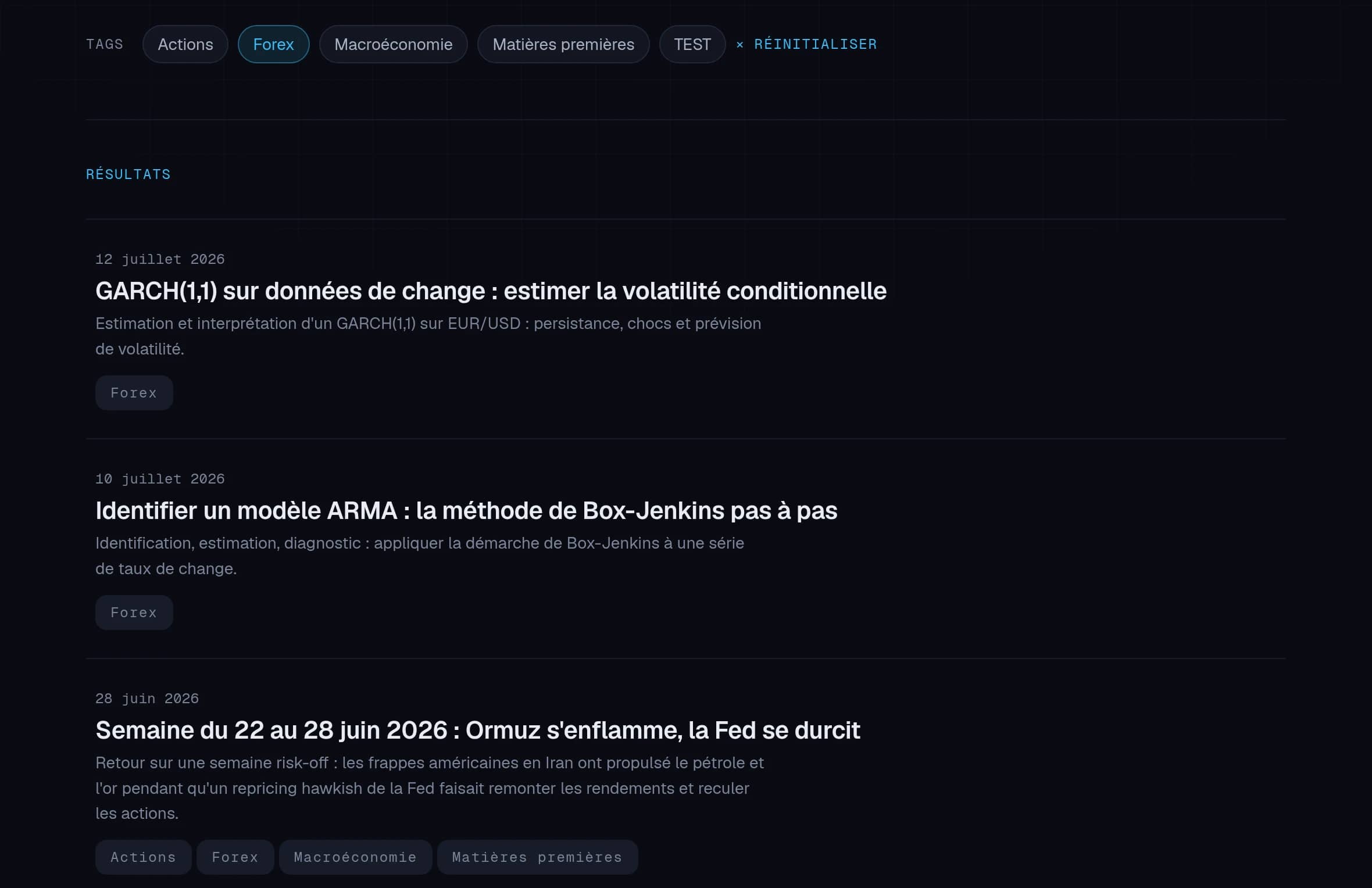 Capture d’écran de la facette des tags : le tag Forex est actif et filtre la liste des articles.