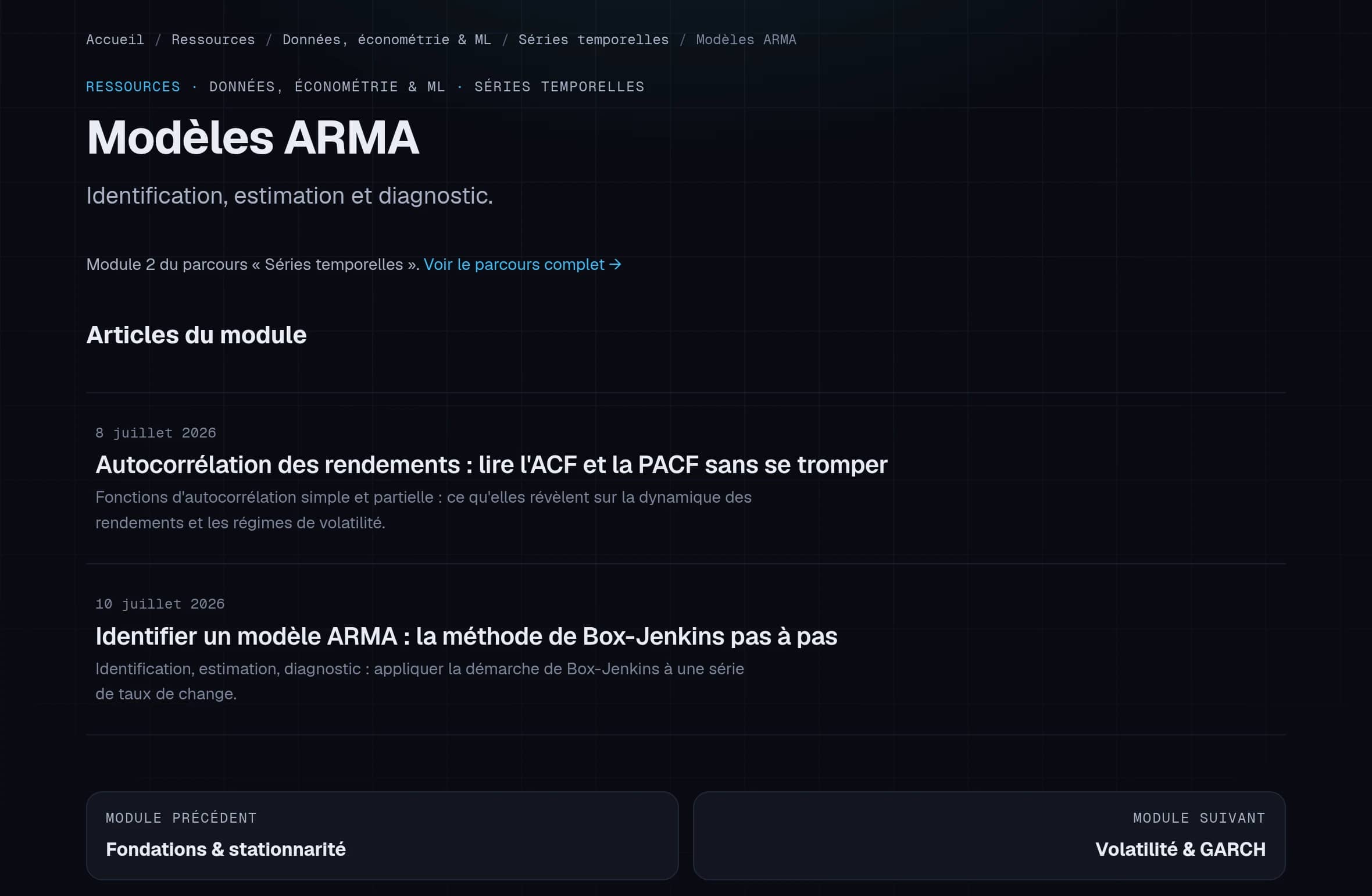 Capture d’écran d’une page de module : fil d’Ariane, articles de l’étape et navigation vers les modules précédent et suivant.