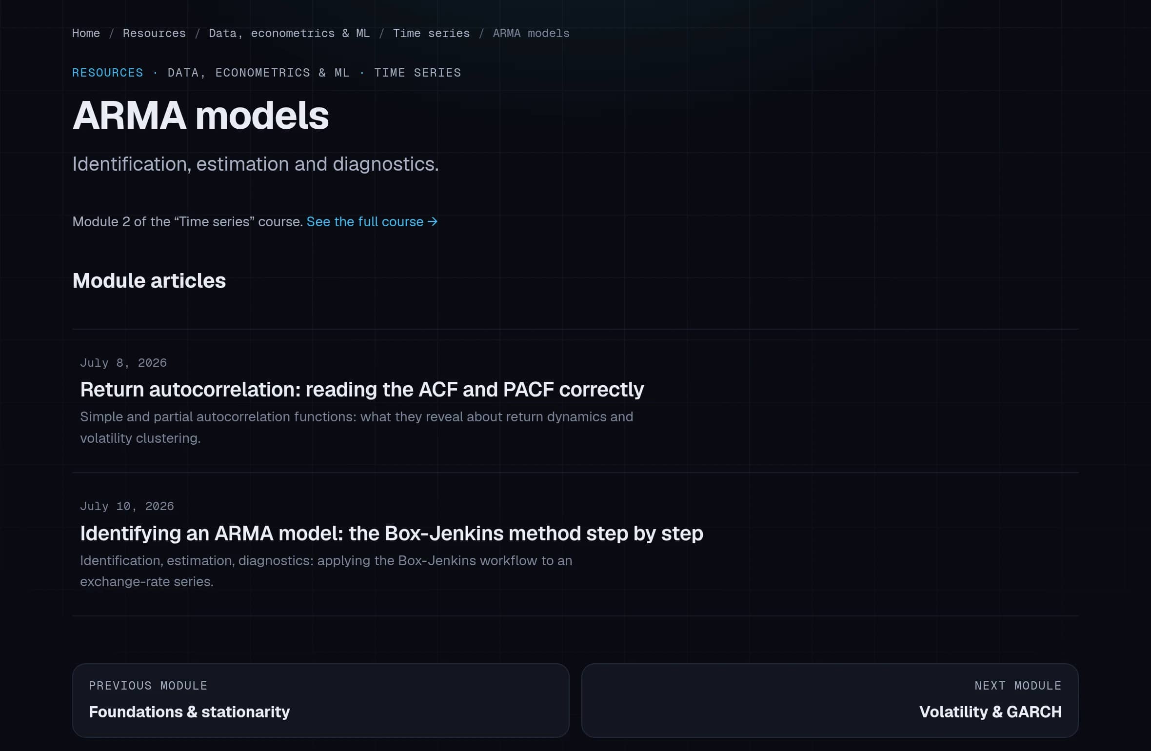 Screenshot of a module page: breadcrumb trail, the step’s articles and navigation to the previous and next modules.