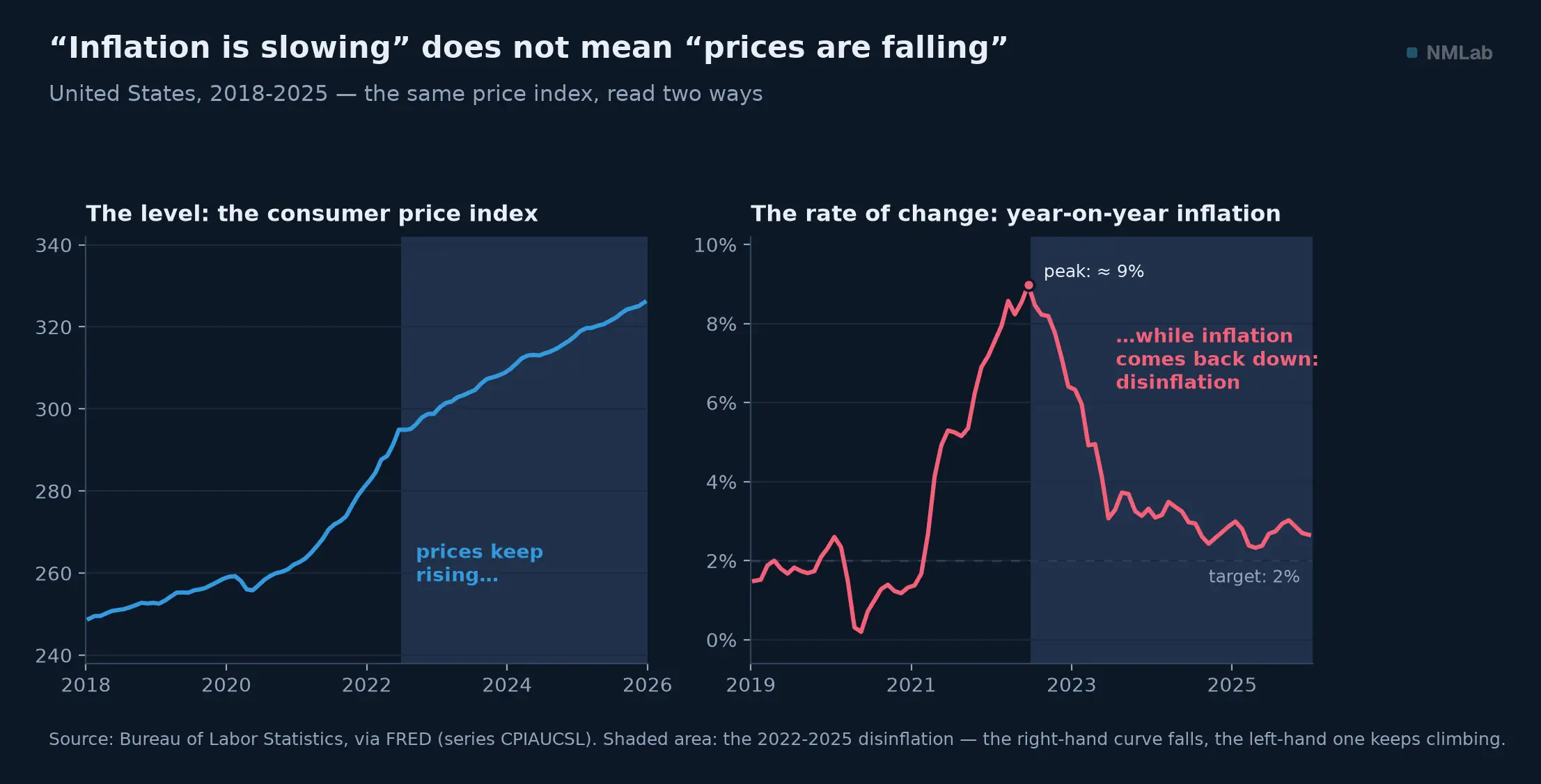 US price index 2018-2025 read as an ever-rising level, then as annual change peaking at 9%.