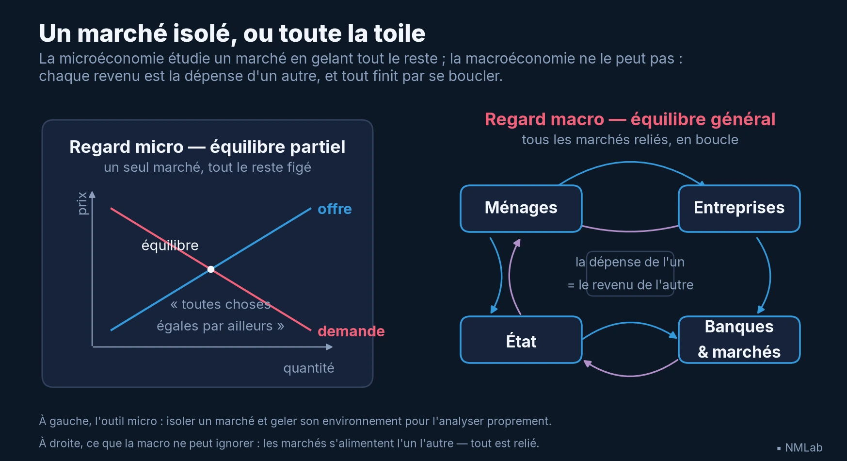Équilibre partiel micro (un marché isolé) face à l'équilibre général macro (toile d'interactions)