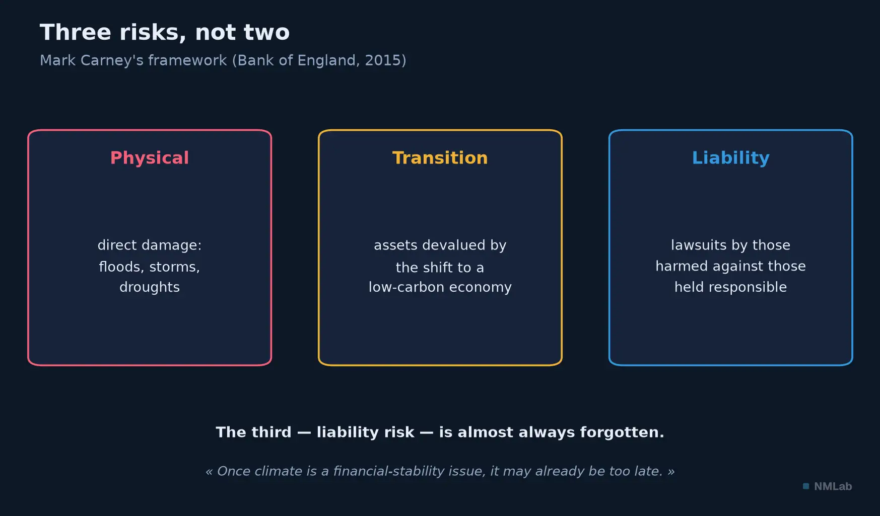 Carney's three climate risks: physical, transition and liability.